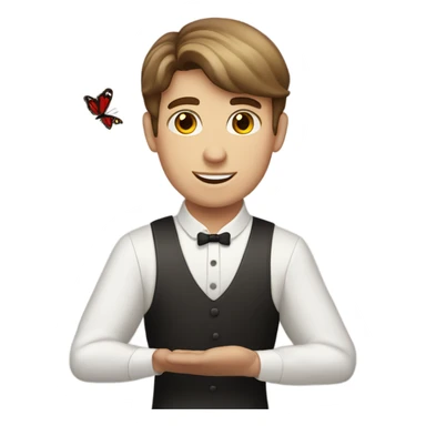 Brown hair light skin male waiter with red butterfly. Serving empty plate sticker