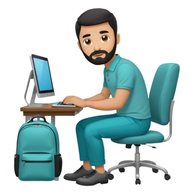 man with black short male hair and black hair and beard and hes in a office with his grey backpack on the floor and he has a tourquose polo shrit with gre dress pants and hes working at a hotel  hes on the co,ptuer  at his desk and he inly has one backpack its on the floo sticker