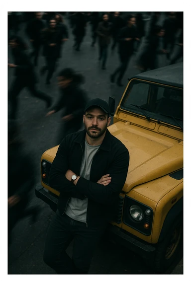 An aerial cinematic shot of me leaning against a yellow land rover defender on the street, wearing a t-shirt under a black jacket. A blurry crowd of people running around me. Gloomy lighting, 35mm film style, shallow depth of field, sharp focus on me.  sticker