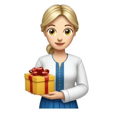 A female teacher in Ukrainian embroidery holds a gift in her hand sticker