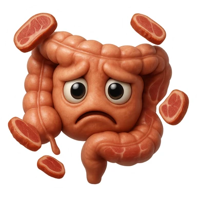 emoji stile iphone in 3d di un intestino triste con fette di carne che gli fluttuano intorno, gli occhi falli con la parte bianca pure, iperrealistico 4k sticker