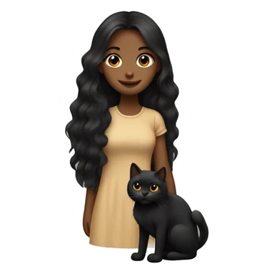 Tan girl with long dark hair holding a fluffy black cat sticker