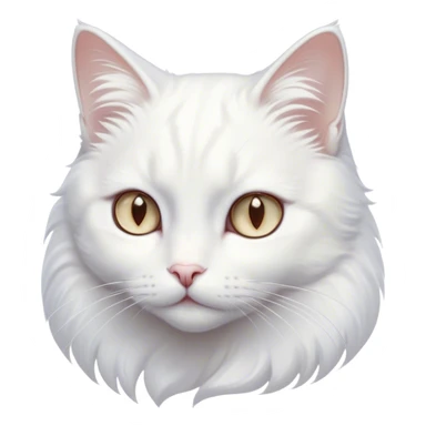 Cinematic Noble White Cat Portrait Emoji, Poised and stately, with a pristine, snow-white fur accented by delicate hints of silver, refined whiskers and a serene, focused gaze, simplified yet impeccably detailed, glowing with an ethereal radiance and timeless elegance, high shine, exuding calm intelligence and regal simplicity, soft glowing outline, capturing the essence of a noble white cat that radiates quiet majesty! sticker