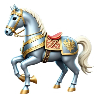 Clash of Clans aesthetic: Cinematic Playful Armored Horse Emoji, rendered in a 3D vector-style similar to standard emojis with minimal shading and bold, simplified shapes. A compact, isometric warhorse outfitted in intricately detailed armor with noble accents, softly glowing with a gallant medieval carriage charm. Simplified yet unmistakably iconic, highly detailed and consistent, glowing with a soft radiant shine and high polish. Stylized with a touch of heroic elegance and a soft glowing outline, capturing the essence of a noble steed ready for battle with a friendly, playful air! sticker