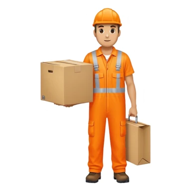 man standing sideways, wearing orange hi visibility overalls, carrying a box sticker