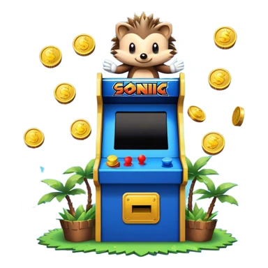 An icon showing a retro arcade screen with pixelated characters like a speedy hedgehog Sonic jumping and collecting coins. The game environment includes obstacles, power-ups, and vibrant colors, evoking the excitement and nostalgia of classic arcade games. transparent background. sticker