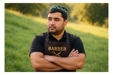 uzbek sartaroshi qo'lini qovushtirib turibdi yon taraf sal pastroq rakusdan sticker