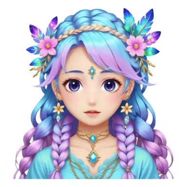 Beautiful gorgeous anime lady with beautiful iridescent-nebula-braided-hair, fashion aesthetic, ethereal, fairycore, pastelcore, feathers, flowers, gems, accessories, jewelries, gold, colorful sticker