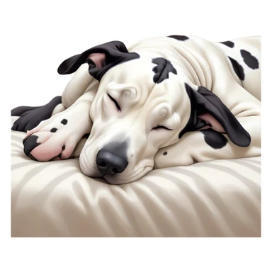 Meme-Worthy Cute Sleeping Harlequin Great Dane Portrait Emoji, Head resting peacefully with a contented smile, showcasing a delightfully majestic build and a luxuriously soft coat of predominantly white with bold black patches, eyes shut in a serene nap, Simplified yet hilariously adorable features, highly detailed, glowing with a soft, drowsy light, high shine, relaxed and utterly lovable, stylized with an air of playful laziness, bright and heartwarming, soft glowing outline, capturing the essence of a comically sleepy guardian, so meme-worthy it feels like it could instantly become the next viral sensation of adorable slumber! sticker