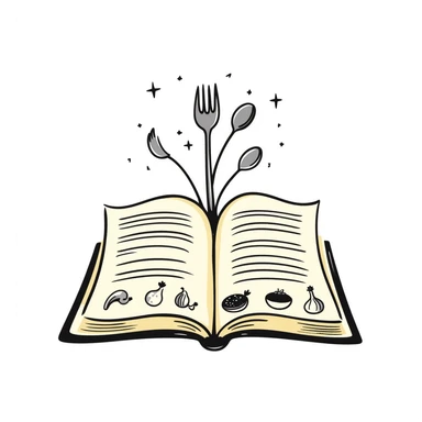 Whimsical enchanted cookbook with magical fork and spoon emblem that's animated with sparkling fairy dust, magical recipe collection sticker