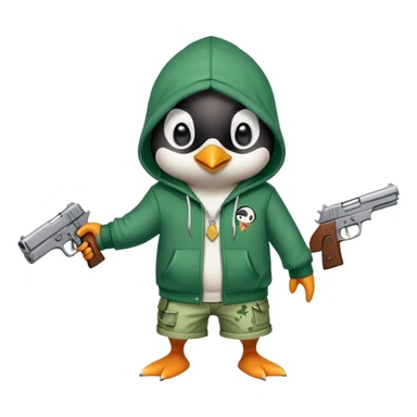 A cute half-dolphin half-penguin thug with a gun, wearing a blood-stained green hoodie and Dollar General shorts sticker