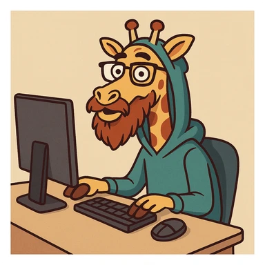 cartoon style illustration of a giraffe with a beard, glasses, and a hood, sitting at a computer, vibrant colors, playful and expressive sticker
