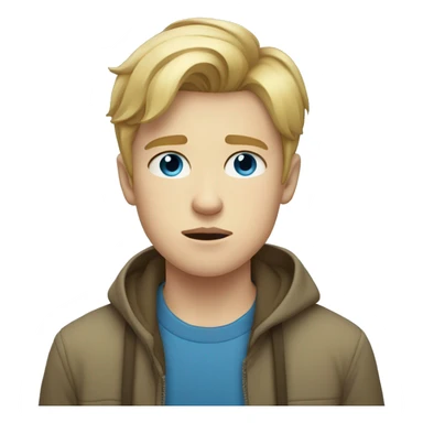 Blond teen boy with medium short hair, blue eyes, glum sticker