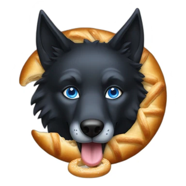 a full black wolf with blue eyes eats a bretzel sticker