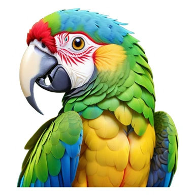 Cinematic Noble Macaw Portrait Emoji, Poised and regal, with vibrant, iridescent feathers in a spectrum of brilliant colors and sharp, intelligent eyes, Simplified yet sharp and sophisticated features, highly detailed, glowing with a soft, tropical radiance, high shine, majestic and graceful, stylized with an air of exotic elegance, focused and alert, soft glowing outline, capturing the essence of a watchful and confident avian guardian that seems ready to soar out of the screen with effortless authority! sticker
