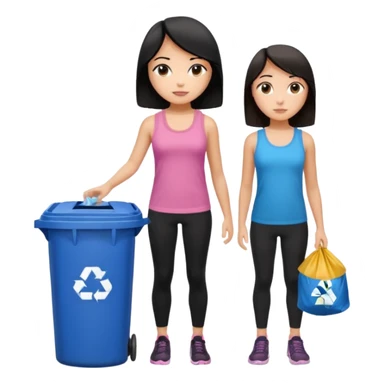 generate a genmoji of a black haired girl in a pink tank top and black leggings holding a black trash bag. Standing with her is a brunette girl in a similar blue tank top and black leggings.
Standing in front of a dustbin sticker