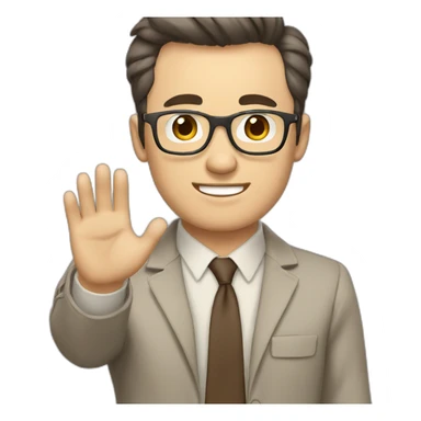 To belt Actively gesturing with hands Pale skinned fit man with dark brown hair in gray jacket, beige office shirt, brown tie, brown pants and vintage glasses. sticker
