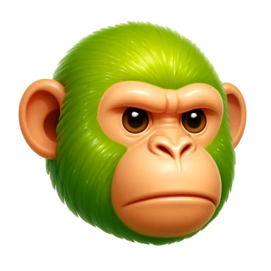 Create a chimpanzee emoji that looks exactly like the reference image in iOS emoji style. The emoji should have 3D appearance, shiny surface, smooth gradients, soft shadows, and realistic green fur on the chimpanzee face with a classic emoji look. Add a glossy effect to the fur. sticker
