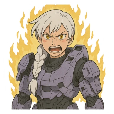 making an angry scowl rage face, rage aura,  female, wearing reach spartan armor shoulder-unequip, long white braid hair with massive messy front side single bangs, gold yellow eyes, attention pose, D-cup size, HALO:series, no helmet, the armor is lavender color scheme, sticker
