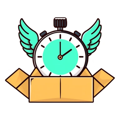 stopwatch with wings and a package, fastest delivery sticker
