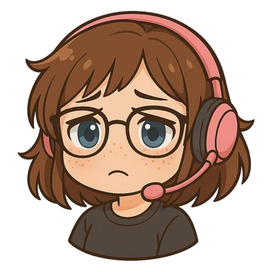Chibi woman with shoulder length choppy brown hair, pink gaming headset, freckles, glasses, and blue eyes, sad expression, chibi stickers style, no background. sticker