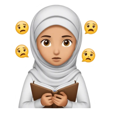 Muslim girl writing in notebook with difficulty, with confusion, emoji question sticker