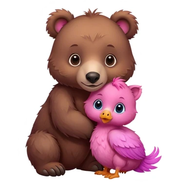 A cute realistic brown bear and a realistic cute pink dodo closely together. In the middle a brown kitten sticker
