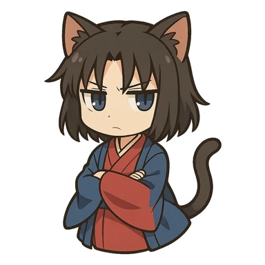 Ryougi Shiki as a chibi, wearing cat ears and tail, with a cold look, in her kimono sticker