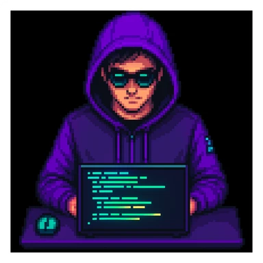 Make the pixel art hacker actively coding on a laptop, with glowing code on the screen, keep the pixel art style sticker