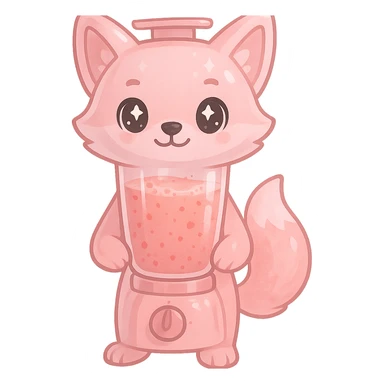 full-body blender fox with see-through body, fruity smoothie inside, sparkling eyes, pastel pink color, transparent background sticker