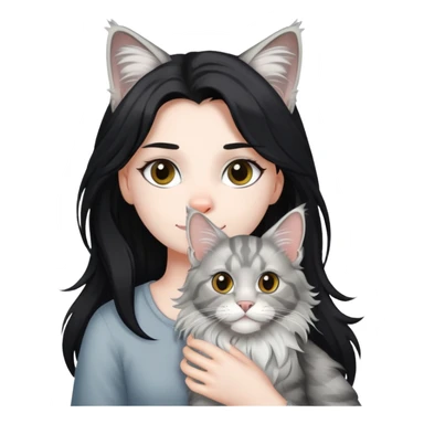 a silver based Maine Coon cat holding a black hair girl sticker