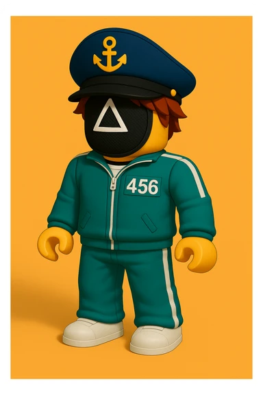 Add a Squid Game mask to the Roblox bacon character while keeping the Squid Game player tracksuit and captain hat. The style should be playful and bold, emphasizing the character's fun and striking appearance. sticker