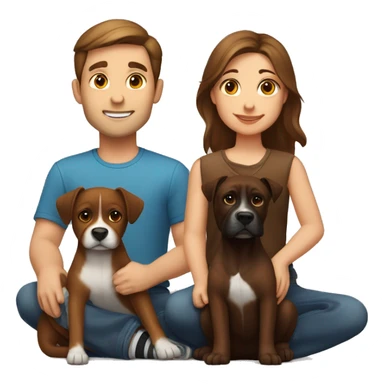 a girl with brown hair, and a man with short brown hair, sitting with two dark brown boxer dogs sticker