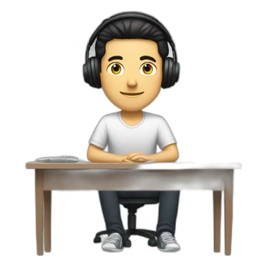 white man with black hair and headphones sitting relaxed with a desk in front of him sticker
