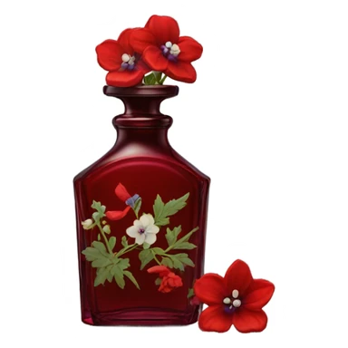 Dark red vintage French style perfume bottle with red delphiniums sticker