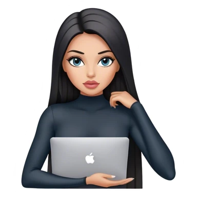 Glamours, tanned, very beautiful girl, with big pump peach-beige-rose lips, black straight smooth silky long hair, straight parting, blue-grey eyes, in black bodysuit holding MacBook sticker