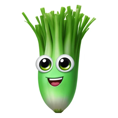 3D Cheerful green onion with big expressive eyes, a wide smile, and a few green stalks on top. Designed in a cute, cartoonish style with vibrant colors. sticker