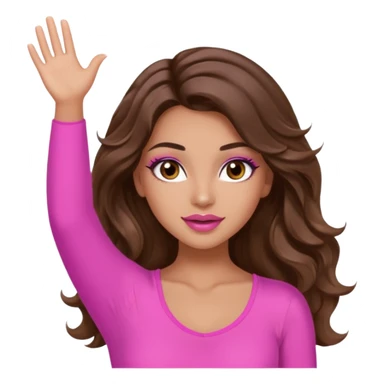 girl with long wavy brown hair, brown eyes, long lashes makeup, sexy pink lips, light to medium complexion, wearing a pink sexy top, both hands in teh air sticker