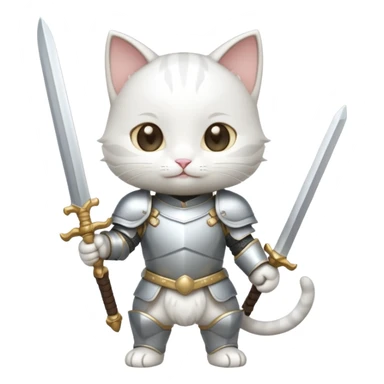 baby chibi white cat in silver armor, full body, smile, hold sword sticker