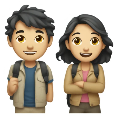 Cute Asian couple (girl with wavy long hair guy with short straight hair) excitedly traveling  sticker