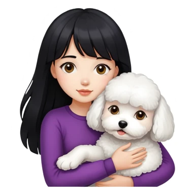 A beautiful girl with long black hair and bangs hugs a super small Bichon Frise dog sticker