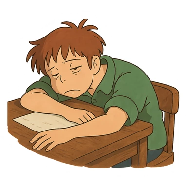ghibli style person slumped over a desk, looking lethargic sticker