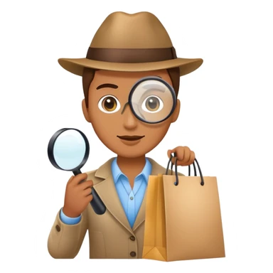 mystery shopper holding a magnifying glass and a shopping bag sticker