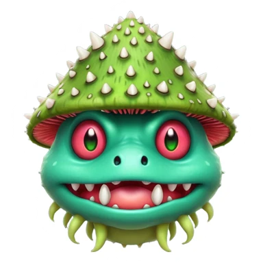 poisonous mushroom monster portrait, head and shoulders only, animal-like creature, mushroom cap head with spikes, toxic green glow, beast-like eyes, furry neck details, monstrous but cute fantasy vibe, 3D cartoon, mobile game icon style, clean background, no text, no watermark

 sticker