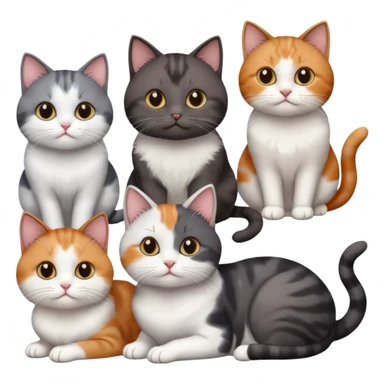 5 different coloured short haired cats including; a dark brown and white cat, and a dark grey and white, and a calico sticker