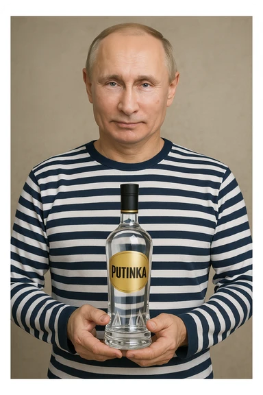 Сгенерируй мне как владимир путин в тельняжке держит эту водку, и на ней прям написанно только Путинка, другой текст убери. Путин полностью помещается в кадре, бутылка целиком и чётко видна в его руках, не обрезана краями изображения. На этикетке только слово «Путинка», без другого текста sticker