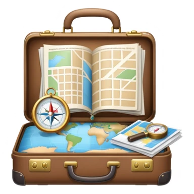 An icon featuring a suitcase, hotel building, symbolizing the scientific study of tourism and hospitality. The design includes a map, a compass, and a checklist, representing travel planning and service management. Transparent background highlights the academic exploration of the tourism industry. sticker