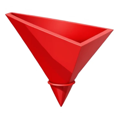 Abstract red funnel shape on white background with fragments or icons entering from the top and simplified content exiting below. No text. Minimal, clean design that represents AI-powered summarization sticker