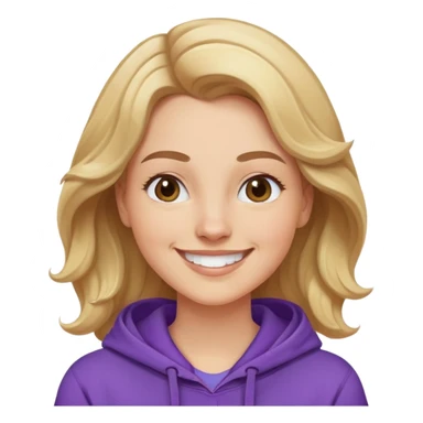 Mujer caucasian, cara redonda, cejas suaves, pelo ondulado castaño claro con puntas rubias, raya al lado. Sonrisa amplia, expresión feliz. Hoodie lila puesta sticker