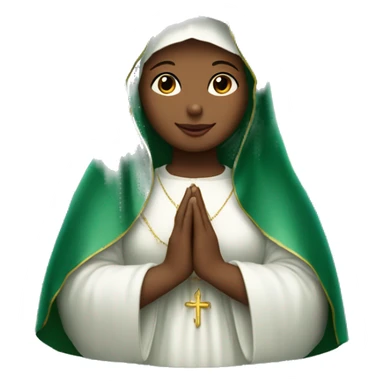 Certainly! Here’s a shorter description:  ---  **Virgin Mary:** Serene and kind face. Wearing an emerald green  robe and white veil. Hands in prayer or blessing. Halo around her head. Often standing on a crescent moon.  sticker